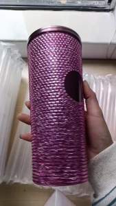 ขวดน้ำฟางประดับเพชรหรูหรา สีดำชมพู แก้วกาแฟสแตนเลสพร้อมฝาปิด แก้วเก็บความร้อนเพชร