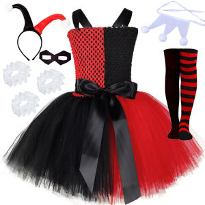 Black Red Harley Clown Costumes for Girls Clowns Princess Disguise Halloween Fancy Dresses for Kids Christmas New Years Outfit2026
