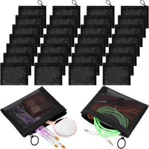 Jexine 30 PcsZipper Mesh Bags 4" x 3" Nylon Coin Pouch Black Mesh Zipper Pouch Bags Portable Coin Purse Zipper Pouch with Keychain Ring Mesh for Quick Access Travel Makeup Storage