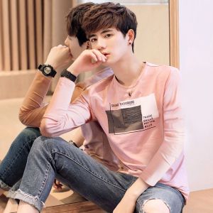 Mens long sleeved T-shirt autumn new print slimming letter fashion print loose casual sunscreen top