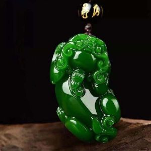 Green Pixiu Stone Necklace Fengsui Pixiu Necklace Friendship Necklace Original Stone Zodiac Sign Nephrite Jade Jasper Pixiu Pendant Lucky Safe Men Women Necklace Couple Style for Men