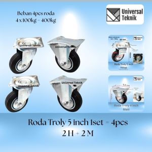 Roda Troli karet 5" Troli trolley kastor 1set = 4pcs ( 2H+2M)