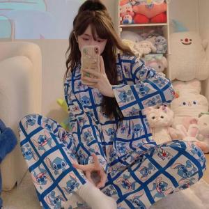 2Pcs Stitch Long-Sleeved Pajamas Set Kawaii Cartoon Anime Woman Printing Spring Autumn Cute Girls Lapel Shirt Casual Homewear