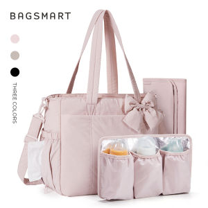 【LOCAL STOCK】BAGSMART Diaper Tote Bag Mommy Beg Stylish Baby Travel Bag with Insulated Bottle Holder & Changing Mat