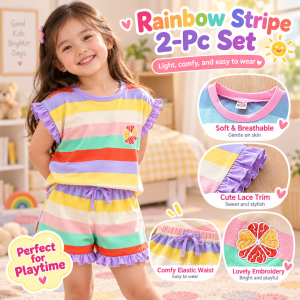 AILEBE Kids Sets Terno For Girls Rainbow Stripe Lace Trim Short Sleeve Top And Shorts 2Pcs Set Soft Breathable Judy Cotton Blend Elastic Waistband Cute Summer OOTD Pambahay Pang Gala Party Playtime