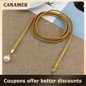 【 CANAMEK 】 Creative Thin PU Belt Simulated Pearl Elastic Waist Belts Women Dress Skirt Decoration Gift Women Belt