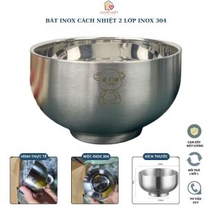 Chén ăn dặm cho bé chất liệu Inox 304 cách nhiệt 2 lớp Chống vỡ dễ dàng vệ sinh In hình thú đáng yêu