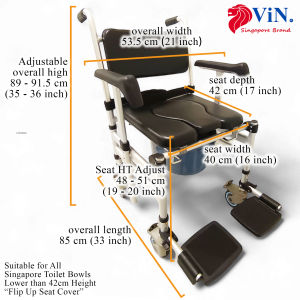 ViN-Z05 Commode Shower Indoor Bathing Chair Foldable Compact Portable Adjustable height 4 Anti Rust Lockable Brakes Wheels