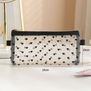 Mini Transparent Mesh Heart Print Cute Cosmetic Bag Portable Toiletry Organizer Makeup Bag Multifunction Transparent Women Lipstick Storage Gift Pouch