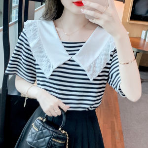 Ammin 2024 cộc tay mới mùa hè thời trang sang trọng Sọc Hải Quân cổ áo khăn choàng giảm tuổi Chic áo phụ nữ đơn giản v-cổ ngọt ngào xù Áo Blouse thanh lịch Chắp vá