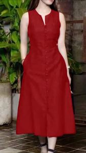 ZANZEA Womens Vintage Sleeveless V-Neck Plain Midi Dresses Casual Loose Front Slit Sundress Red Dress # 8