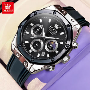 OLEVS Watch For Men Waterproof Original New Fashion Trendy Diamond Multifunction Chronograph Sport Silicone Strap Casual Calendar Luminous