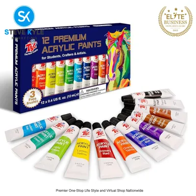 12 Colors Premium Acrylic Paints with 3 Brushes For Students Crafters & Artists