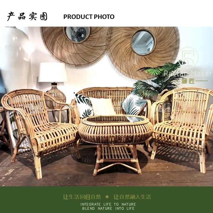 2+1+1+1 Real Rattan and Wicker Chair Set for Living Room with