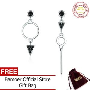 BAMOER 925 Sterling Silver Geometric Triangle Circle Earrings Halo Black Zircon Drop Earrings For Women Fashion Jewelry VSE121