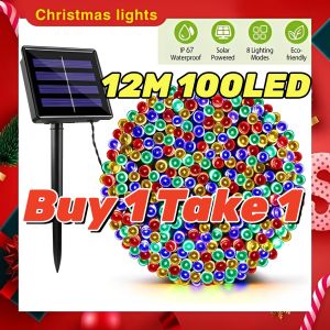 【BUY 1 TAKE 1】BGVP Christmas Lights Solar Outdoor Waterproof 100 Led String Curtain Garden Courtyard Tree New Year Decoration Light Christmas Party Fairy Xmas Tree Lights Garland Festoon Lights Free Shipping