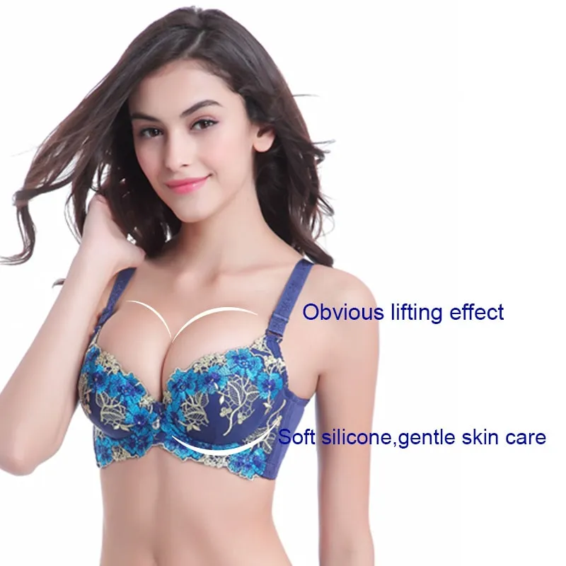 Hot Fashion Lady Women's Embroidery padded bra Underwire Deep-V