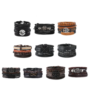 Elegant Mens PU Leather Bracelet Comfortable Mens Braided Leather Bracelet Elegant Wrist Chain with Multi Layer