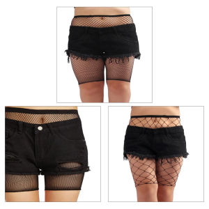 Đàn hồi cao kích thước lớn Fishnet Biker quần short đàn hồi thoáng khí lưới dọc Net Quần Legging Cạp Ngắn Quần che cho phụ nữ