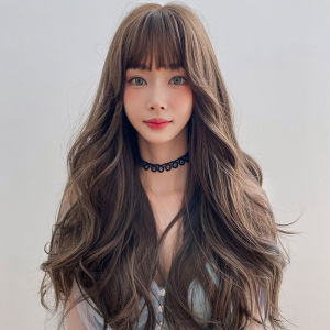 Full Head Wig with Body Wave Feathery Bangs 65CM Long Hair Breathable Comfort Natural Look No Slip