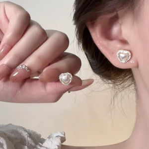 Anting Hati Mutiara Heart Pearl Stud Earrings French Style Elegant Jewelry Luxury Women Accessories