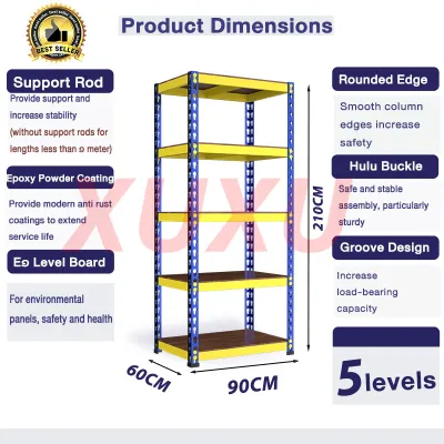 XUXU Boltless Rack Rak 4/5 Tier Besi Bertingkat Heavy Metal Frame Rak Besi Rak Buku Warehouse Store Office Storage Shelves Blue Yellow Rak Dapur 货架置物架