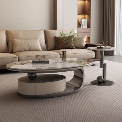 [Cozy ]Slate Coffee Table with Storage Italian Light Luxury Oval Simple Living Room Household Creative Tea Table with SideTable