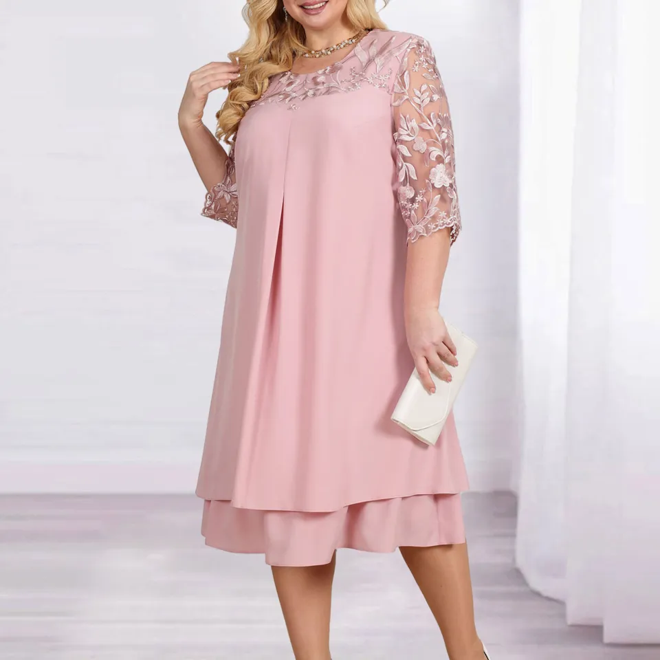 Summer Plus Size Women Loose Solid Long Sleeves Patchwork Casual Dress Party