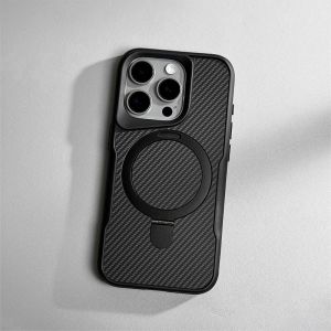 HOWESION Carbon Fiber Texture Shockproof Magnetic Phone Case For iPhone 16 Pro Max /15 14 13 12 Pro Max Metal Stand Cover Matte Protective Case