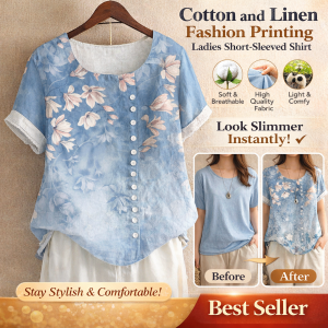Womens Vintage Cotton Linen T-Shirt Summer Casual Short Sleeve Breathable Comfortable Fashion Top Tee
