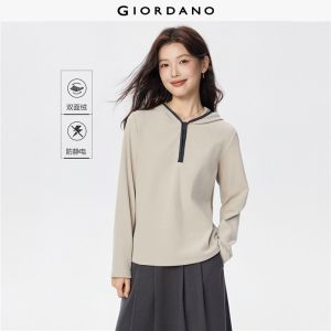 GIORDANO Women T-Shirts Contrasting Edge Hooded Tee Half Zip Long Sleeve Smooth Warm Fleece Fashion Casual Tshirts 05325796