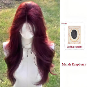 Wig wanita full kepala wig rambut panjang curly wig panjang raspberry merah 60cm rambut panjang wanita wig labubu wig curly rambut imitasi alami kepala wik rambut wanita panjang wig korean style