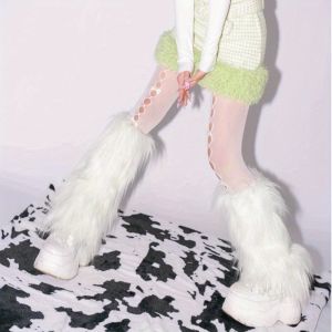 COSTA Faux Fur Furry Leg Warmers Bow Thickened Lolita Boots Cover Fashion JK Knee High Girls Socks Autumn/Winter