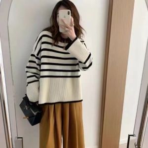 FRAN Korean Style Women Long Sleeve Knit Striped Top Sweaters Shirts Loose Blouse COD
