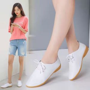 Women Flat Leather Oxford Shoes Summer Lace up Casual White Shoes
