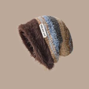 SWEET Korean Y2k Striped Hat Warm Autumn Winter Women Beanie Hat Vintage Casual Slouchy Woolen Hat Female