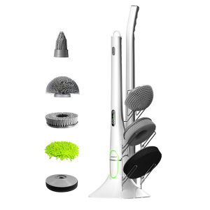 JustLiving 1PC Goodpapa Electric Spin Scrubber Floor Shower Power Scrubber Cleaning Brush with Long Handle 2 Speed Hd Led Display6 Replaceable Brush Heads Cleaning for KitchenBathroomFloorTileBathtub