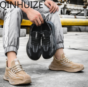 QINHUIZE Breathable safety shoes non-slip acid and alkali resistant steel toe cap work shoes light PU sole work safety boots