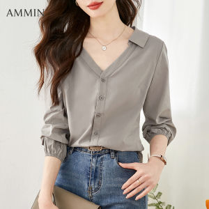 AMMIN Korean style womens nine-point sleeve vintage chiffon shirt 2023 new long-sleeved grey V-neck chiffon top