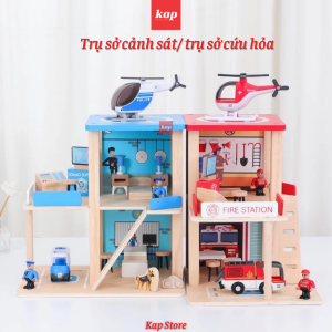 Bộ đồ chơi nhà cảnh sát 3 tầng nhà cứu hỏa phụ kiện chơi kèm đường ray xe lửa gỗ