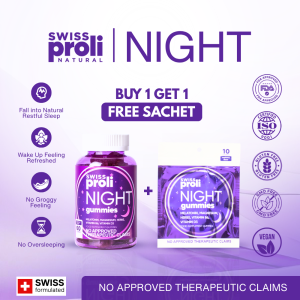 [BOTTLE + FREE SACHET] SWISS PROLI Night Melatonin Gummies 60 + 10 for Sleep Calm and Mood Support | With Ashwagandha Magnesium L-Theanine Reishi Mushroom Lemon Balm