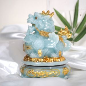 ปี่เซี้ยะ สีเขียวอ่อนบนกระถางกลมหมุนได้ 360องศา ขนาด9นิ้ว สัญลักษณ์อันดับ1ของโชคลาภ