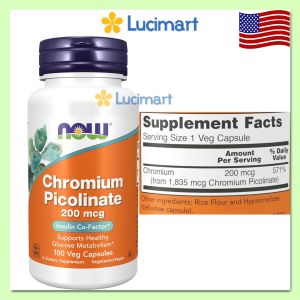 Viên uống hỗ trợ đường huyết Chromium Picolinate 200mcg Now Foods thuần chay hũ 100 viên [Hàng Mỹ]