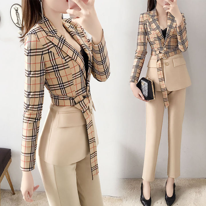 Plaid Suit Two Piece Set Women Fall Fashion Korean Slim Blazer