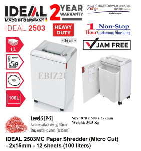 IDEAL 2503 CC 2x15mm Paper Shredder (Micro Cut) - 12 sheets (100 liters) (non stop Micro Cut Heavy Duty Shredder Mesin Penghancur Kertas Mesin Perincih)