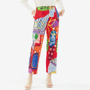 Miyake Women Pleated Straight Pants Temperament Korean Version Printing High Waist Casual 5815