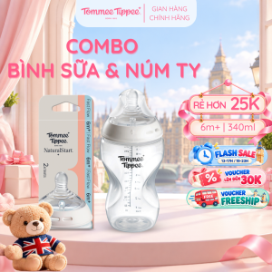 COMBO Bình Sữa Ty Siêu Mềm Tự Nhiên Tommee Tippee Natural Start 340ml & Núm ty silicon thay thế 6M+