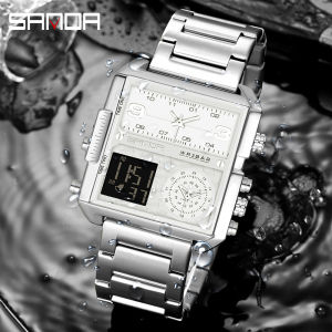 SANDA Brand Mens Trendy Business Watch Square Dial Stainless Steel 3 Time Display Top Mens Watch