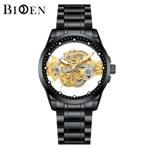 BIDEN Jam Tangan Pria Quartz Hollow Dial Gaya Kasual Anti Air Tali Stainless Steel Jam Tangan Cowok
