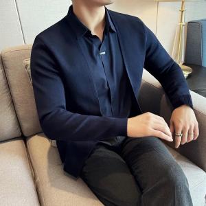 Mens False Two Pieces Knitwear Cardigan Personalized Seamless V-neck Shirt Collar Sweater Coat Royal Blue Knitted Pullover